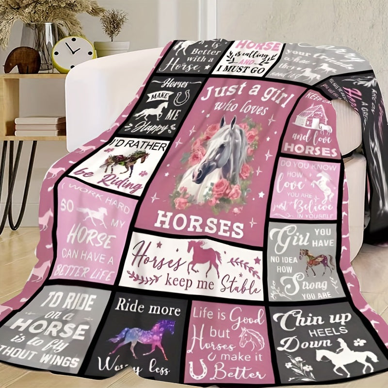 Elegant Horse-Inspired Flannel Throw Blanket in Glam Style - Perfect for Horse Lovers' Birthdays! Made of 100% Polyester, Hypoallergenic, All-Season, Knitted Design with Digital Print. Recommended for Dry Cleaning. Great Equestrian Gift Idea for Girls