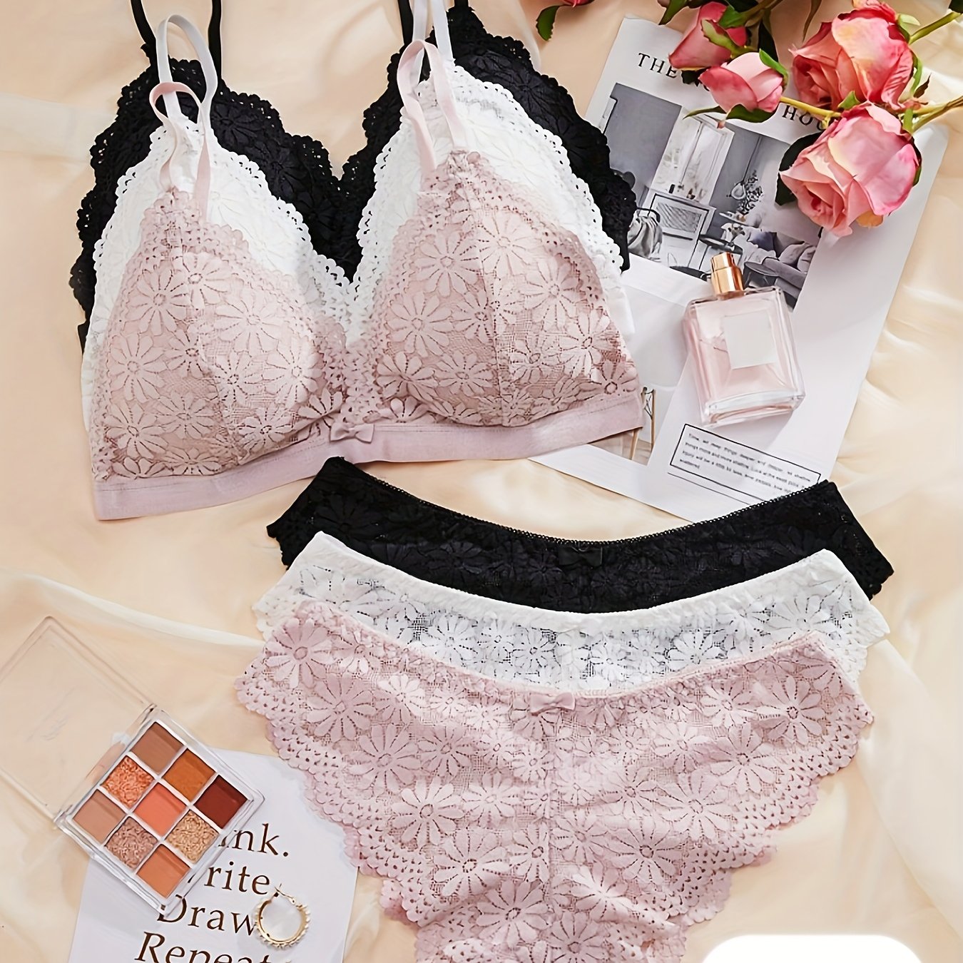 3-piece floral lace bra and panty set with romantic triangle cup bra and scalloped panties.