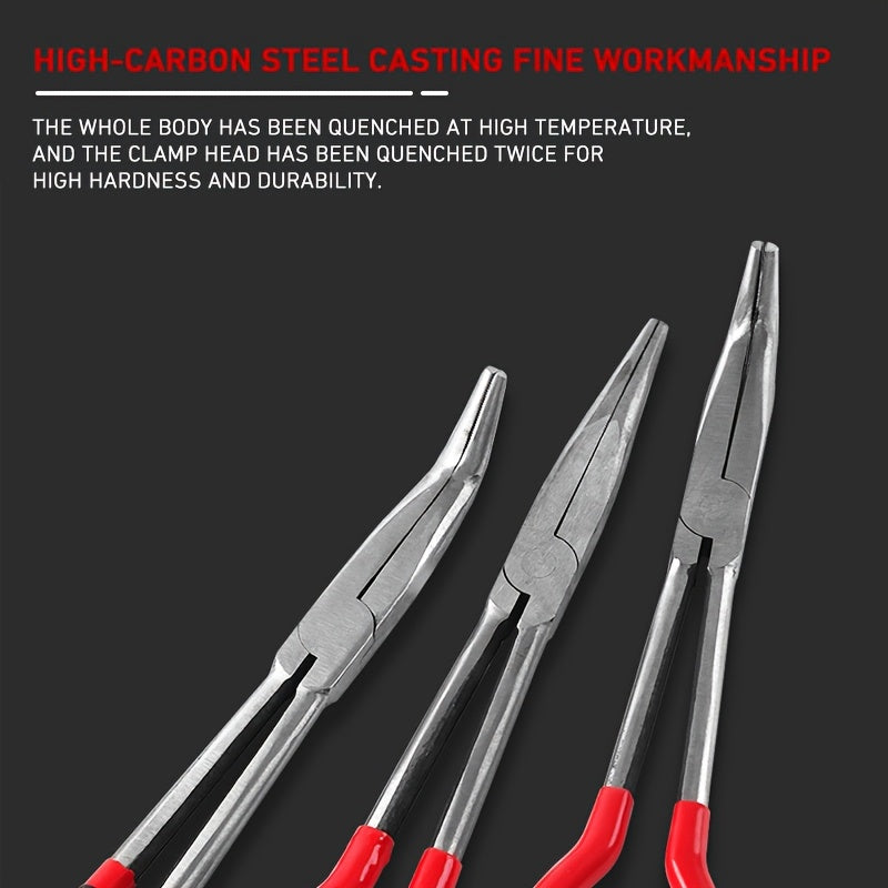 Set of long handle melting pot pliers with various nose styles for precise control and easy handling. Ideal for use with melting pot quartz bowl fixtures. A versatile tool for a variety of tasks.