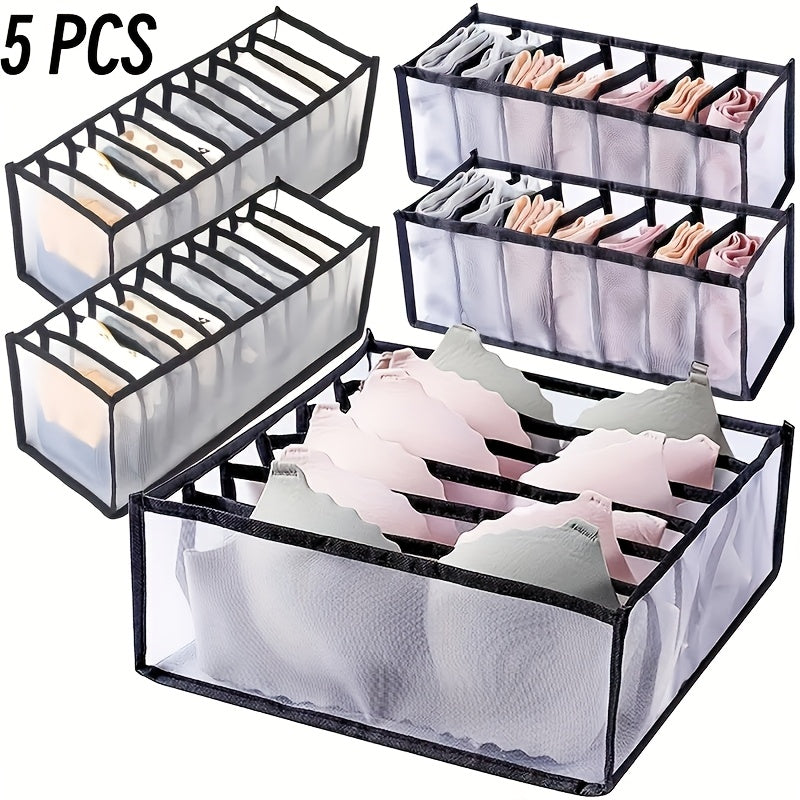 5 Foldable Mesh Drawer Organizers for Underwear, Socks & Ties - Multi-Size Storage Bags with Black Frames, Breathable Polyester Fabric, Space-Saving Closet Solution