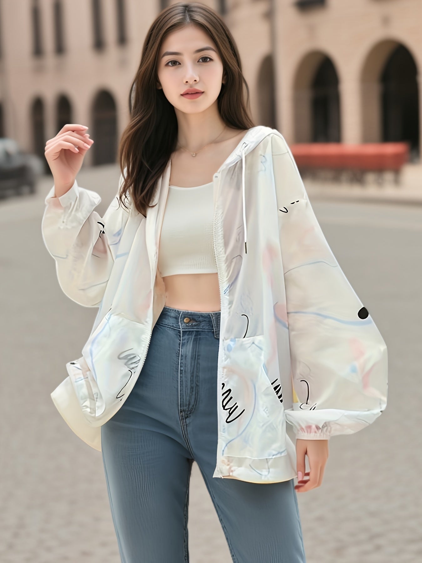 White hooded jacket for women with yellow accents and sun protection, designed in sporty Korean style with striped long sleeves. Made of breathable polyester blend, perfect for spring