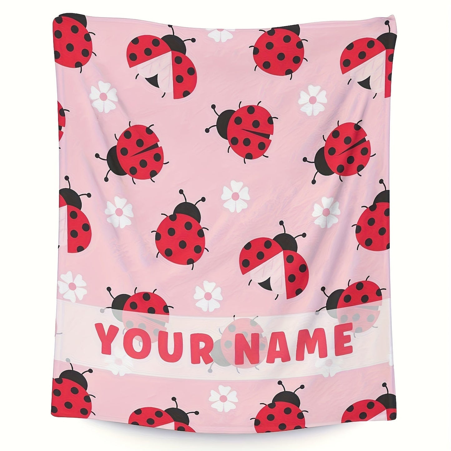 Customize your very own ladybug throw blanket with a personalized name. Made with lightweight flannel fleece, perfect for the sofa, bed, travel, camping, living room, or office chair. This contemporary style blanket is machine washable and suitable for