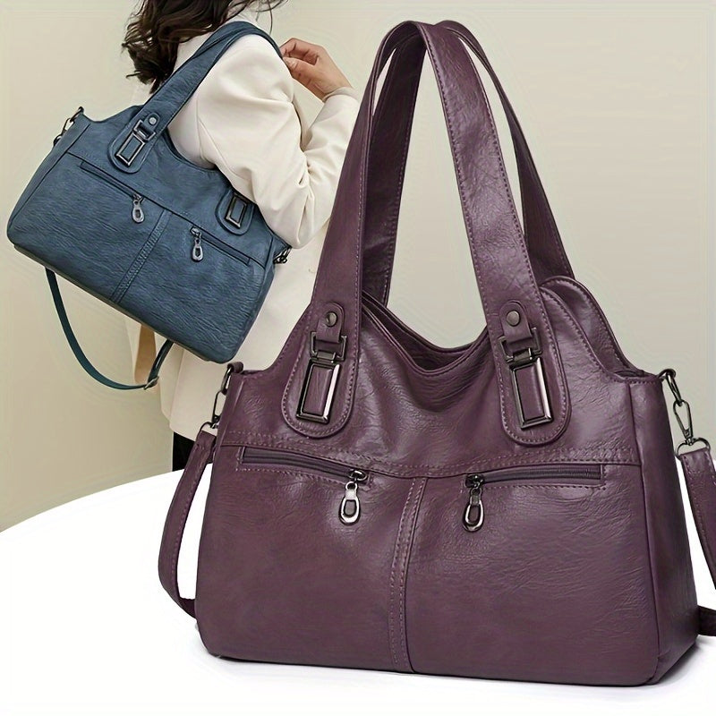 Stylish women's crossbody bag with multiple pockets, detachable strap, chic design, zip closure, and polyester lining.