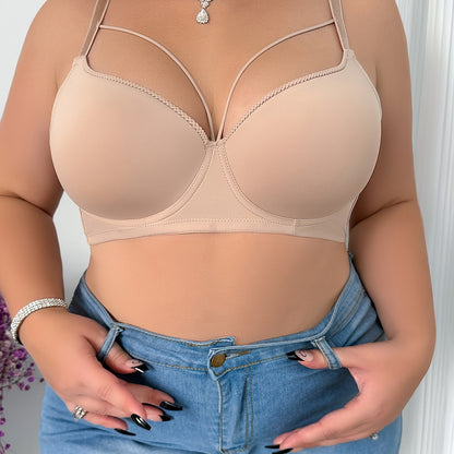 Elegant beige bra for plus size women with push-up design, underwire support, and breathable nylon blend. Hand washable and non-removable pads for comfort and sleek full coverage lingerie.