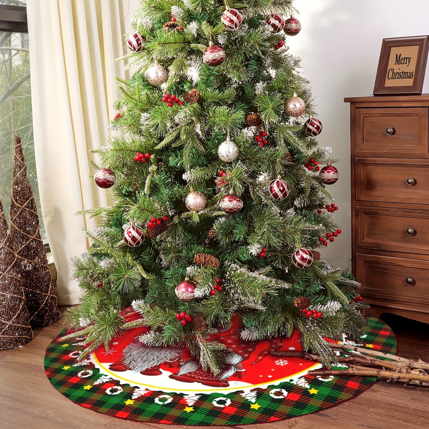 Festive Santa Claus snowflake Christmas tree skirt - Ideal for holiday parties and home decor.