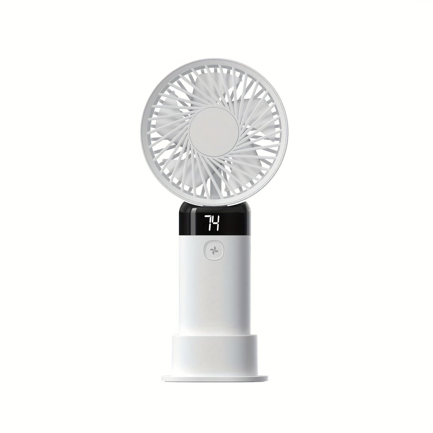 Portable handheld/desktop mini fan with adjustable angle, featuring 3 speeds, a digital display, long-lasting battery, dual-use standing and handheld design, USB charging, low-noise operation, and compact size ideal for office desk, bedside, or outdoor