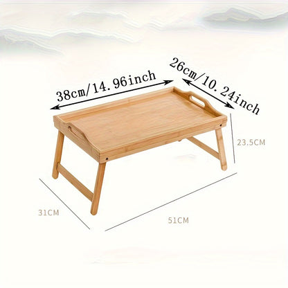 Multifunctional wooden bed tray with folding legs, perfect for breakfast, snacks, work, or study in bed or on the sofa. Great for picnics, camping, dorm rooms, and home use.