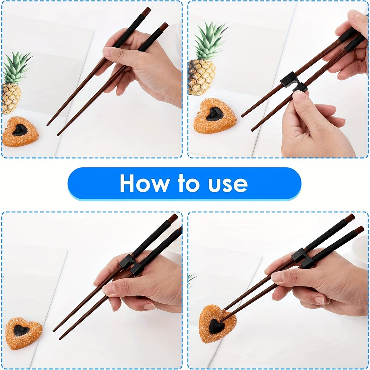 5 reusable chopstick helpers for training, featuring hinges to connect and assist in using Chinese chopsticks.