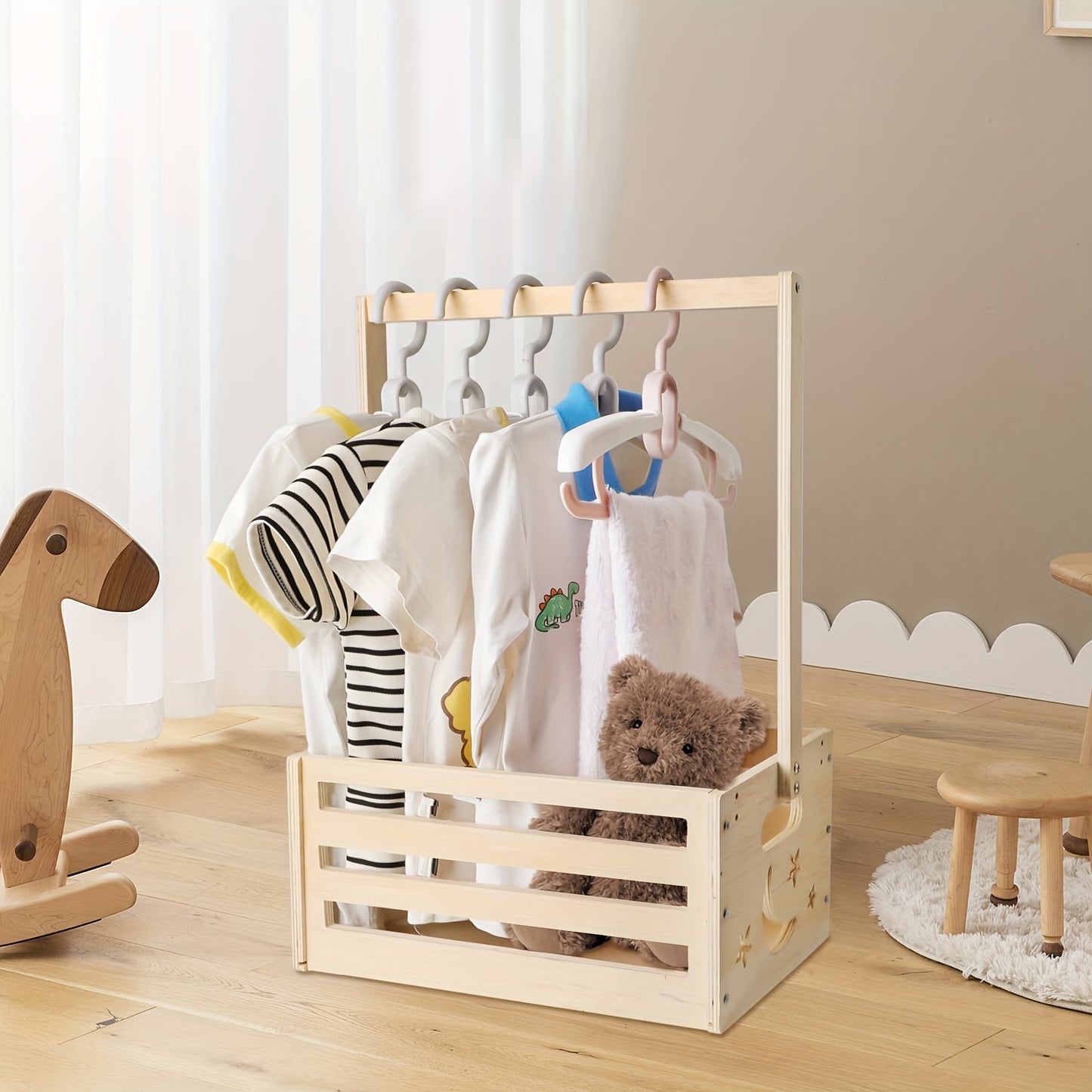 Classic wooden closet organizer with striped pattern and accessory set for nursery room. Unfinished manufactured wood storage crate in rectangle shape, perfect for a unisex gift basket with handle.