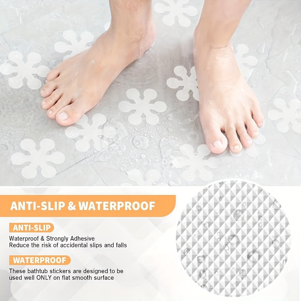 Non-slip bathtub stickers available in sets of 3, 12, or 24. These transparent snowflake-shaped floor stickers are perfect for use in bathtubs, shower floors, stairs, or ladders.