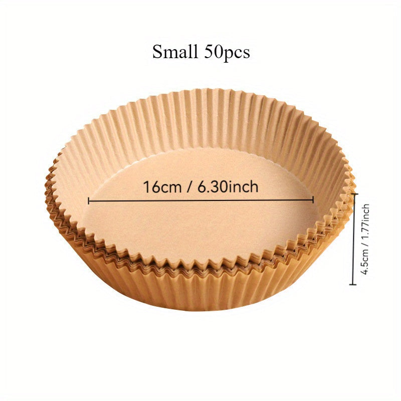50 штук одноразовой круглой пергаментной бумаги для фритюрниц, маслостойкой, водостойкой и подходящей для выпечки на кухне и в микроволновой печи.
