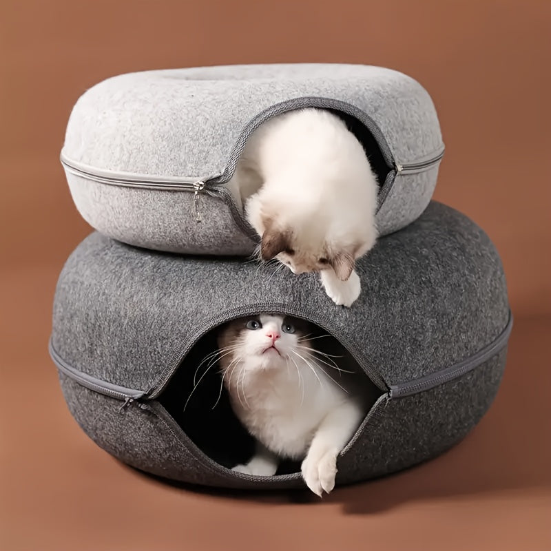 Donut-shaped cat bed with interactive felt tunnel, also serves as a canvas cat house for small to medium cats, ferrets, and rabbits, can be used as a play and training toy.