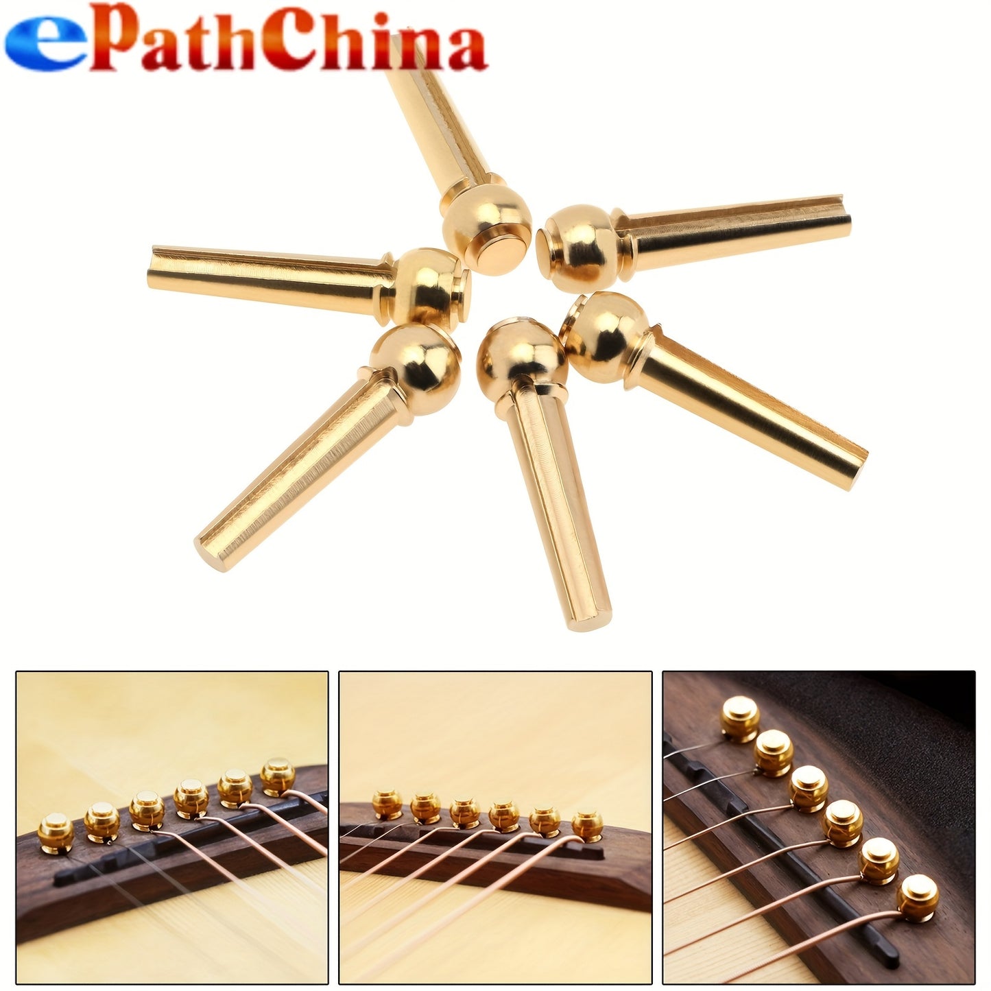 6 Pure Copper Brass Guitar Bridge Pins for Folk Acoustic Guitar, enhances full timbre and stability.