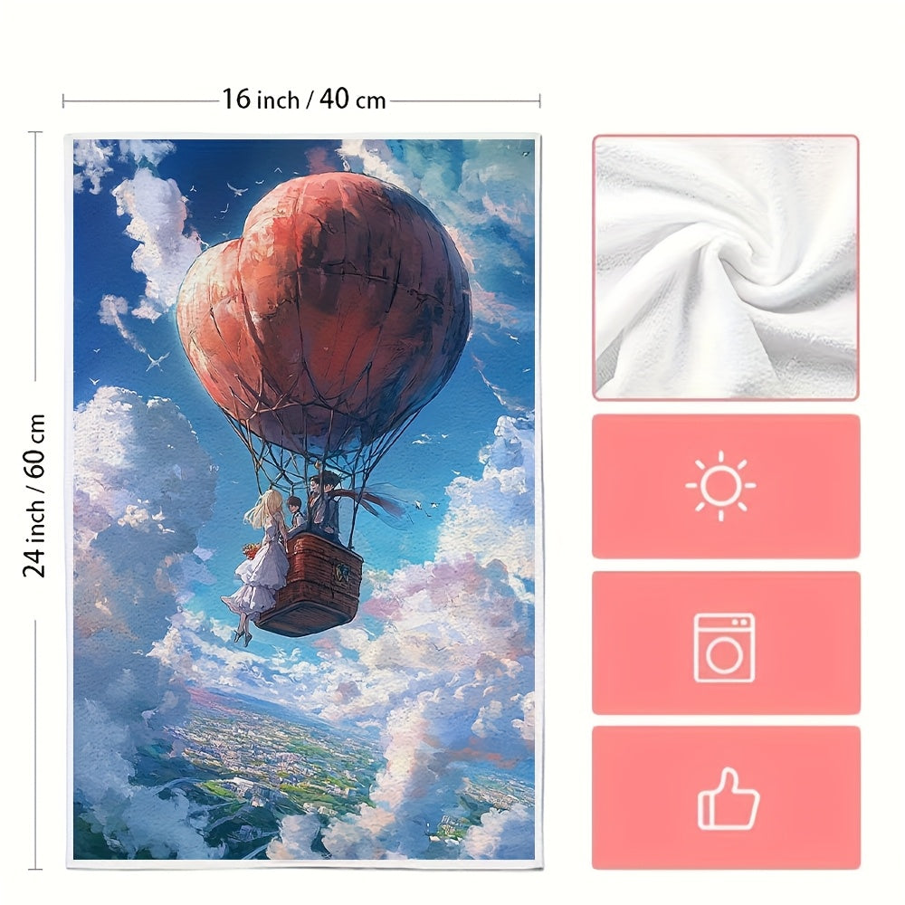 Pair of two super-soft kitchen towels showcasing an animated couple inside a heart-shaped hot air balloon. These highly absorbent dish towels are ideal for holiday decorating and can be easily cleaned in the washing machine. Each towel measures