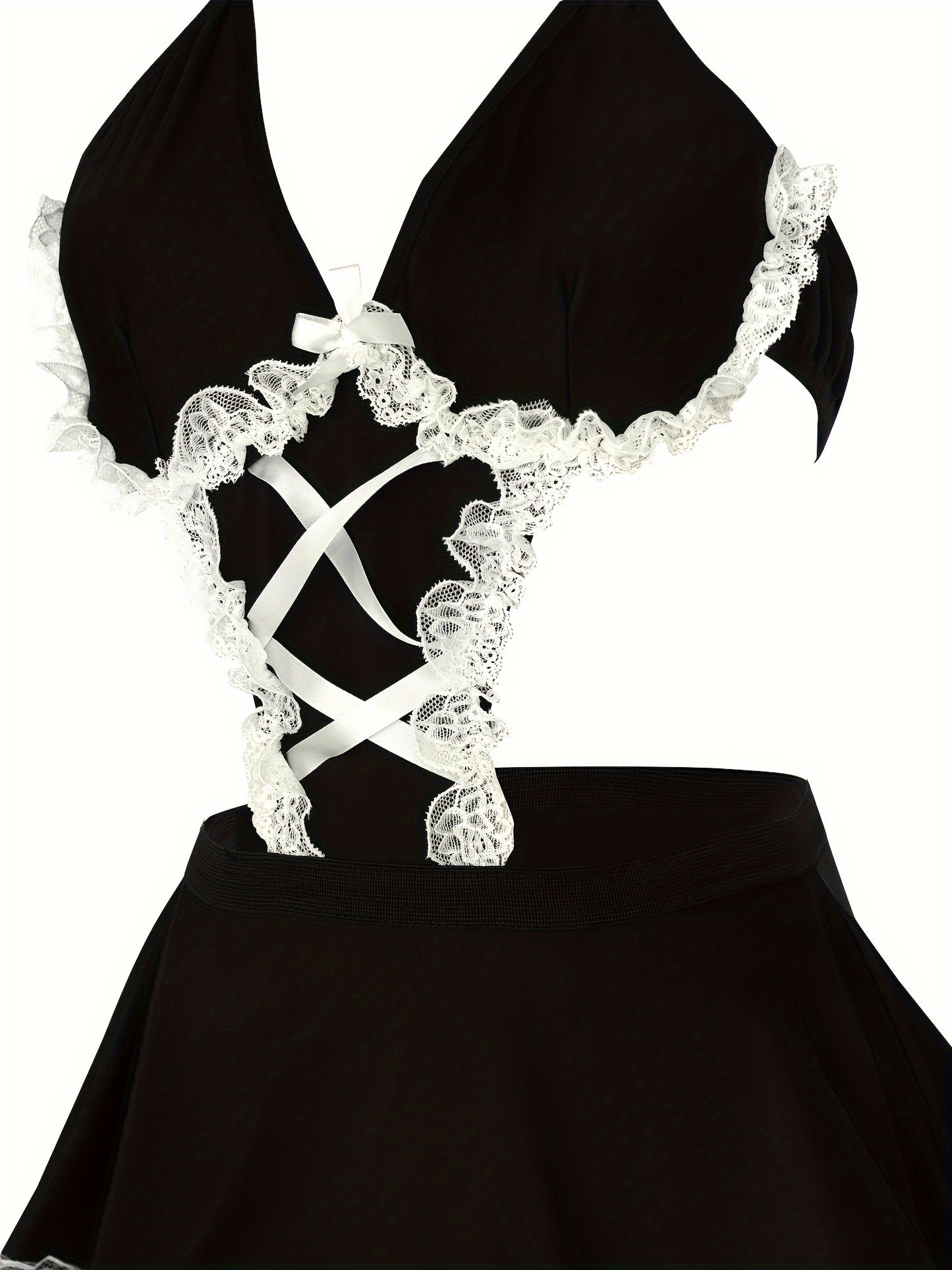 Sexy maid costume lingerie with halter necklace and lace trim.