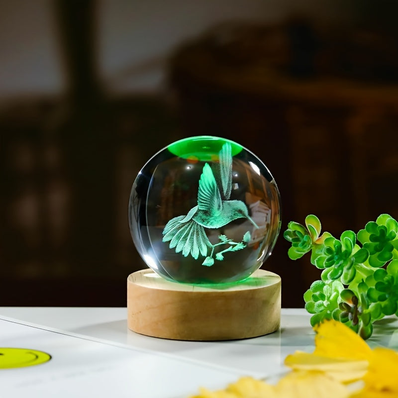 3D Hummingbird Crystal Ball Night Light - USB Powered, Color-Changing Animal Figurine, Ideal Gift for Birthdays & Graduations