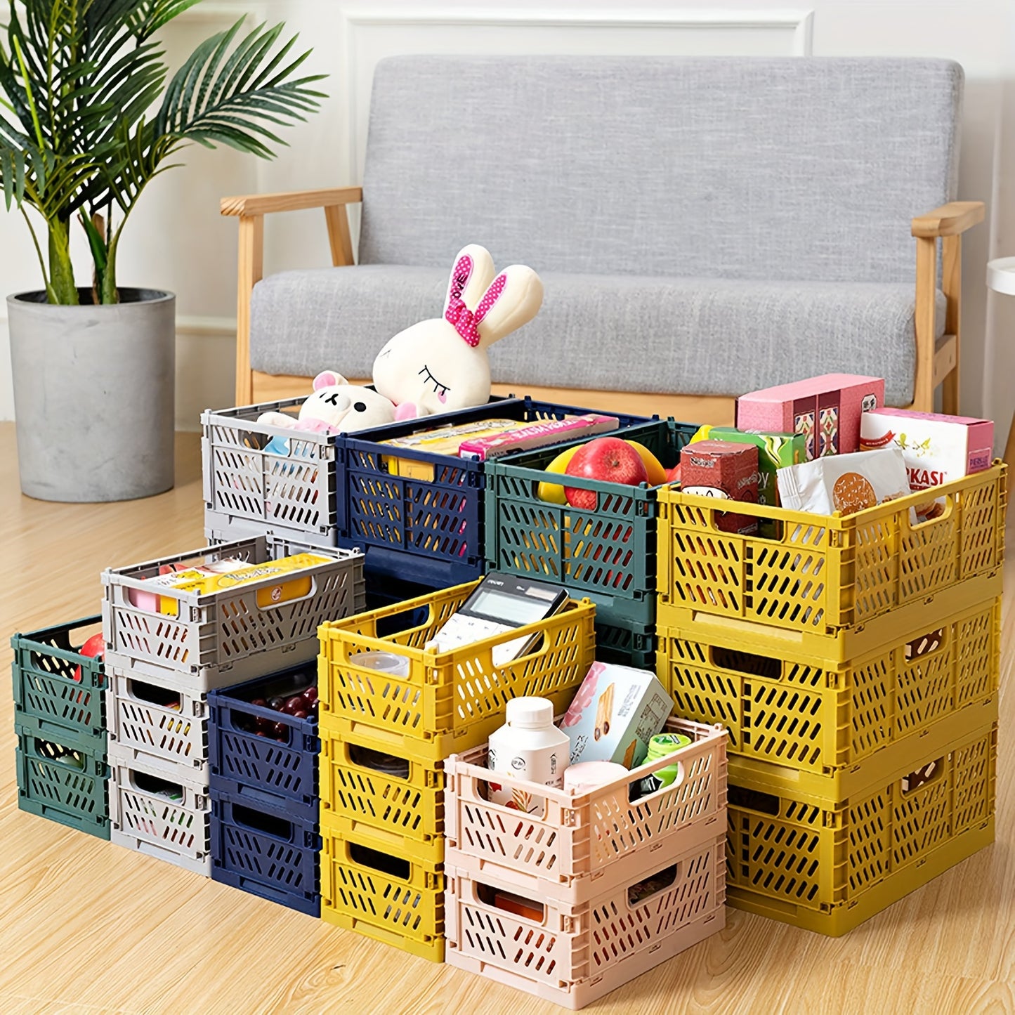 2-Pack Plastic Folding Storage Baskets with Handles, Stackable Organizers for Home - Mixed Color