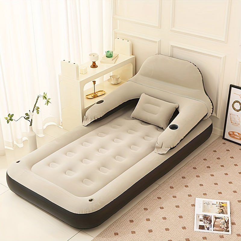 This inflatable air mattress features a headboard and stands at a height of 71.12cm. It has a comfortable flocked top and deep fill, made of plastic material with a polyester cover. The pump is included, requiring no electricity or battery. Perfect for