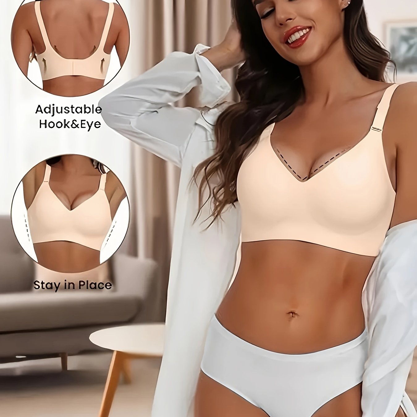 Ayollar uchun zamonaviy uzluksiz jel bralet: simsiz va qulay, keng belbog'lar bilan, ichki brassiz va to'ldirilmagan dizayn. Nylon/elastan aralashmasidan tayyorlangan, tasodifiy kiyimlar uchun ideal.