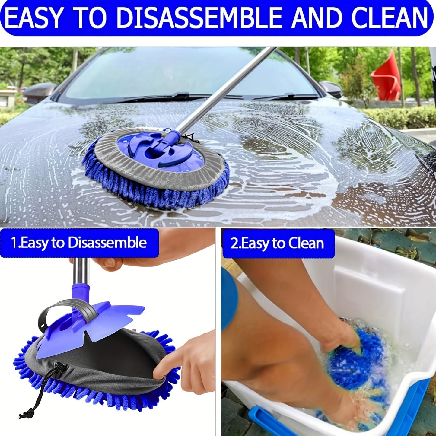 121.92cm Car wash brush mop with long handle kit for cleaning cars, trucks, SUVs, RVs, trailers, and boats. Includes 2-in-1 chenille microfiber sponge duster that is scratch-free.