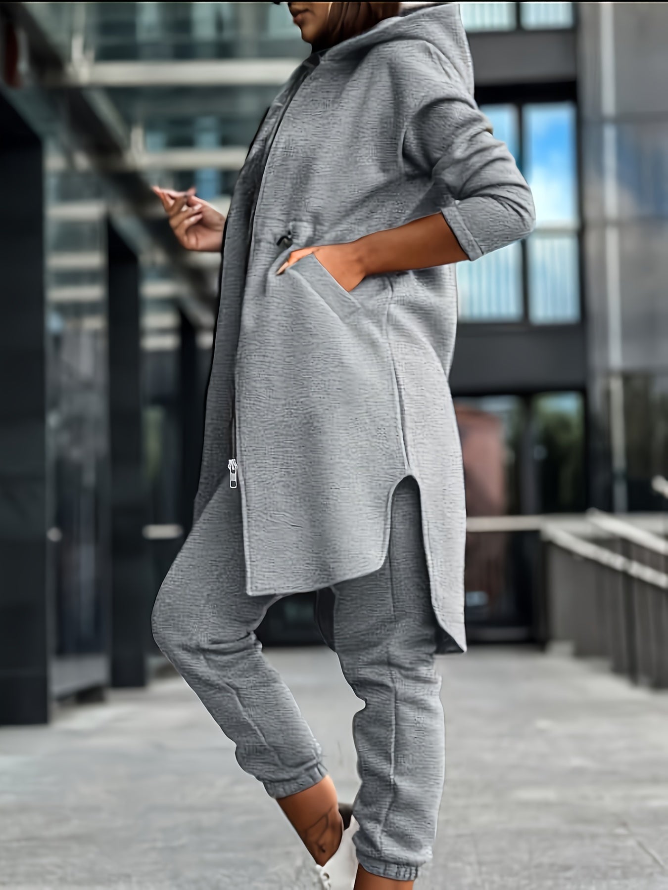 1 Elegant Women's Solid Color Hooded Sweatshirt and Pants Set in Polyester Knit Fabric for Spring/Fall Fashion