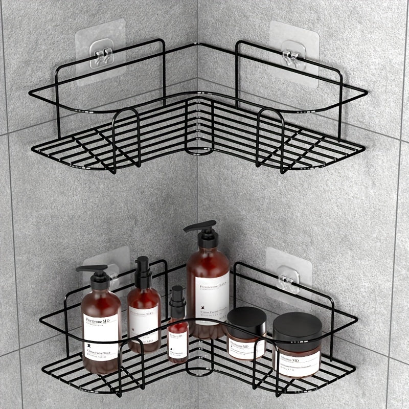 Stainless steel bathroom storage rack with golden tube, wall-mounted corner shower shelf. Comes with seamless stickers for easy installation. Available in white or black finish.