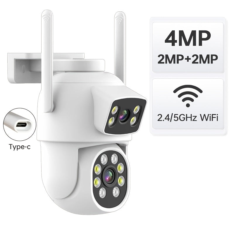 The ZHXINSD Dual Lens WiFi Security Camera offers 2MP+2MP resolution, full color night vision, auto tracking, IP65 waterproof rating, 2.4/5G PTZ capabilities, human detection, 2-way audio, and USB powered functionality for both home and outdoor