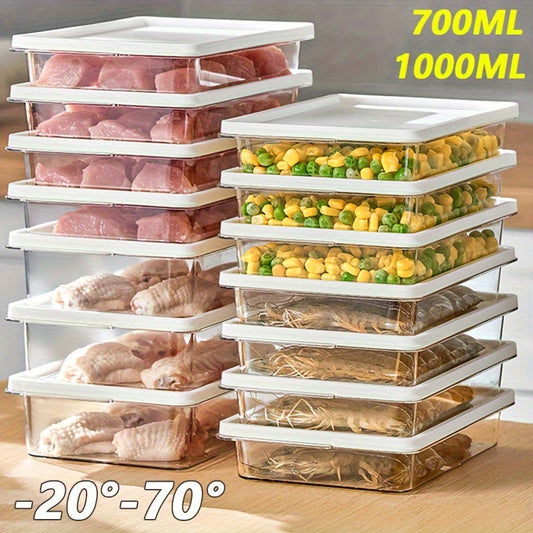 Set of PET Multipurpose Freezer Safe Storage Containers with Flip Top Lids, Includes 700ml & 1100ml Reusable Square Food Containers for Meat Storage, Freezer Safe from -20°C to -70°C.