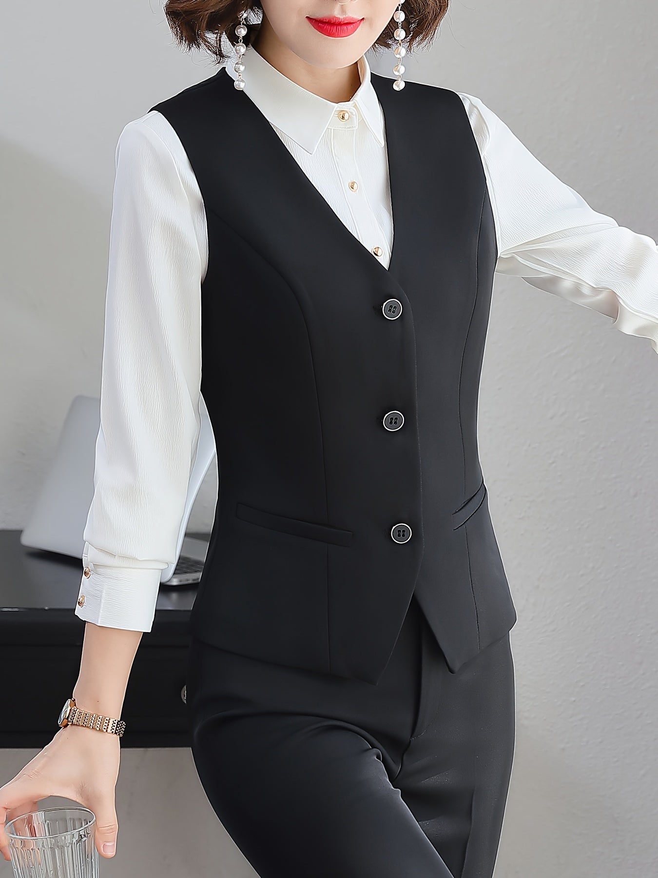 Black V-Neck Sleeveless Blazer with Tie Back, Polyester & Elastane, Ideal for Office - Dark Blue