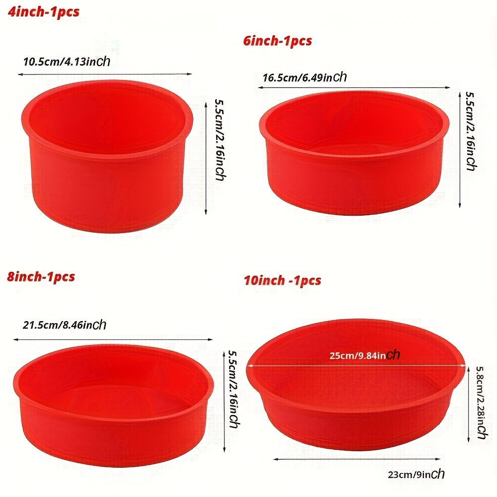 Set of 4 Red Silicone Mini/Large Cake Molds in varying sizes (10.16cm, 15.24cm, 20.32cm, 25.4cm) - Non-Stick Round Baking Pans for Muffin, Cupcake, Layer Cake, Cheese Cake, and Rainbow Cake - Bakeware Pan Reusable Cake Pans