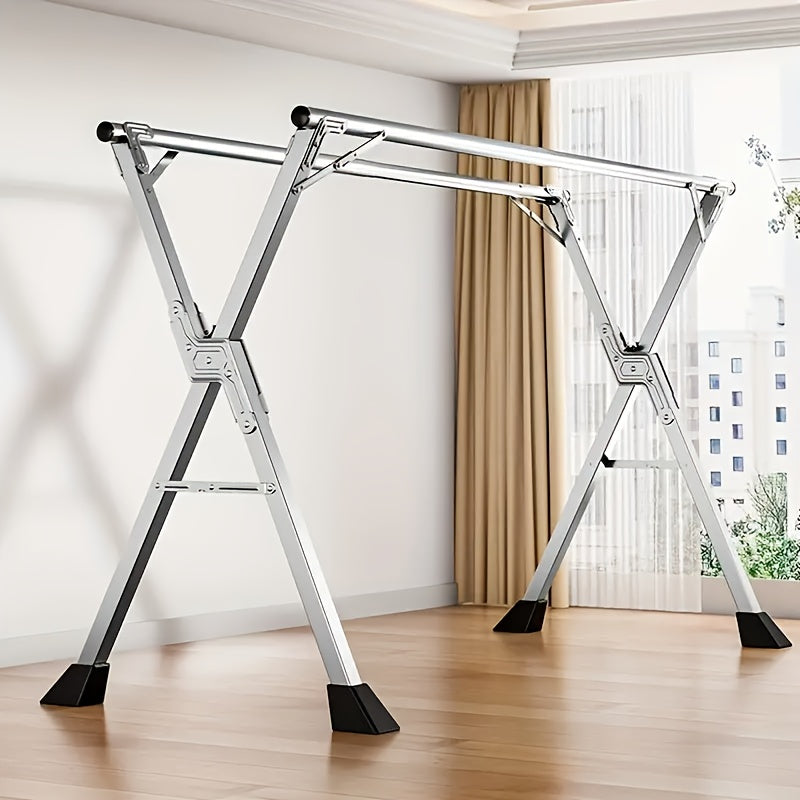 Foldable metal clothes hanger with adjustable double rods, 20 windproof hooks, and adjustable length. Suitable for indoor and outdoor use, designed for clothes, quilts, and bedding.