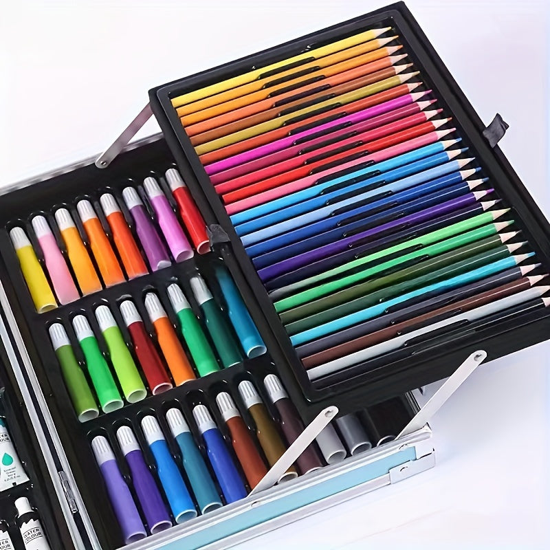 145-piece set of double-layer aluminum box paintbrushes in multiple colors, ideal as a watercolor brush painting art gift for winter and the new year.