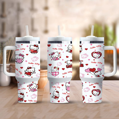 40oz Hello Kitty insulated stainless steel water bottle with handle and straw. Pink & white heart pattern, BPA-free, ideal for hot/cold drinks. Great gift for family & friends.