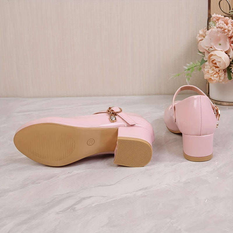 Girls' Princess High Heel Ballet Shoes in British campus style, ideal for weddings and formal events. Available in black, white, pink, and golden colors with a durable TPR sole.