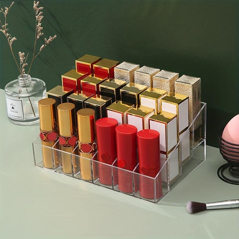 Transparent plastic organizer with grids for lipsticks, desktop storage for makeup