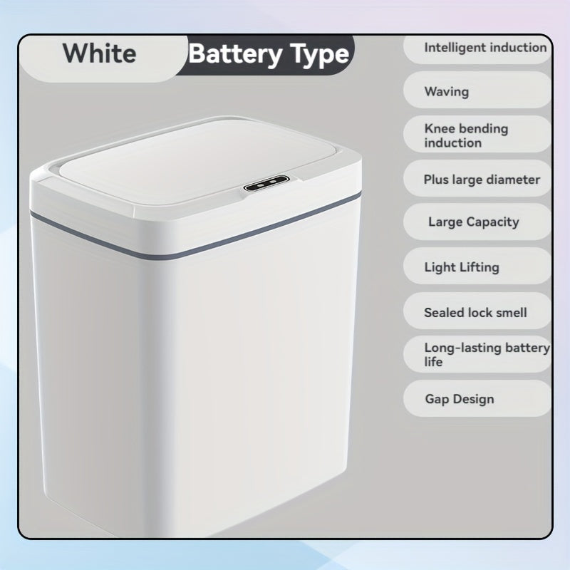 White smart trash can with automatic opening, infrared sensing, and button control for home and office use.