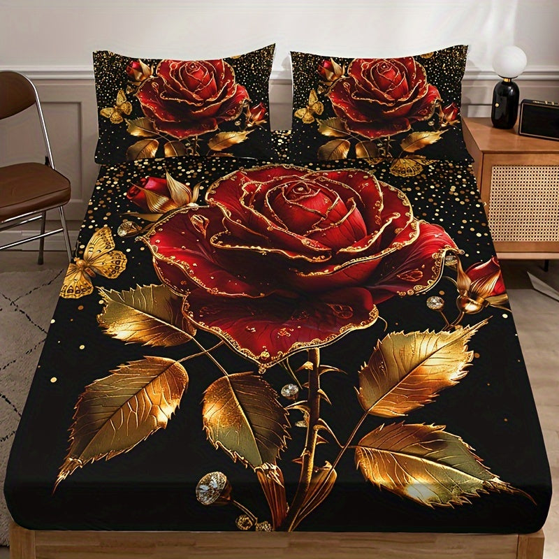 3pcs Golden Rose Floral Digital Print Bedding Set made of 100% polyester. Includes fitted sheet and pillowcases with deep pockets. Machine washable.