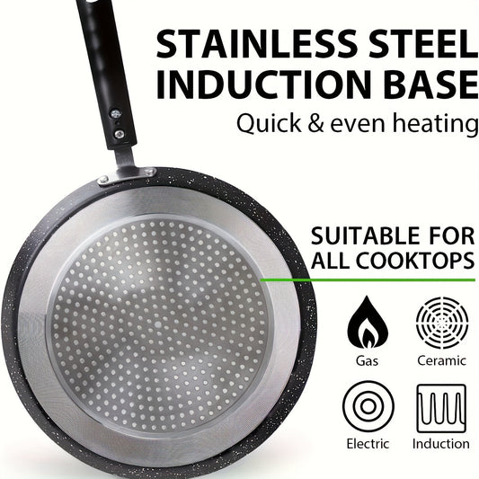 Non-stick pancake pan with diffuser, 10.5 inches in size and granite-coated. Versatile frying pan perfect for making pancakes, omelettes, burritos, chapatis, and more. Features a flat bottom and is suitable for use on induction cooktops. Free of PFOA and