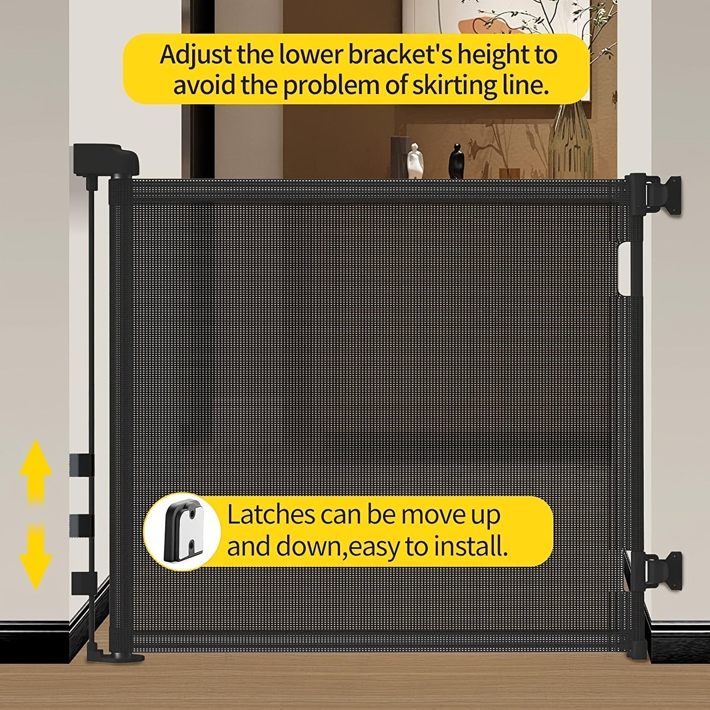 Baby gate options include a retractable mesh gate or a mesh dog gate, standing at 83.82cm tall and extending up to 139.7cm wide. This child safety gate is suitable for doorways, stairs, hallways, and can be used both indoors and outdoors.