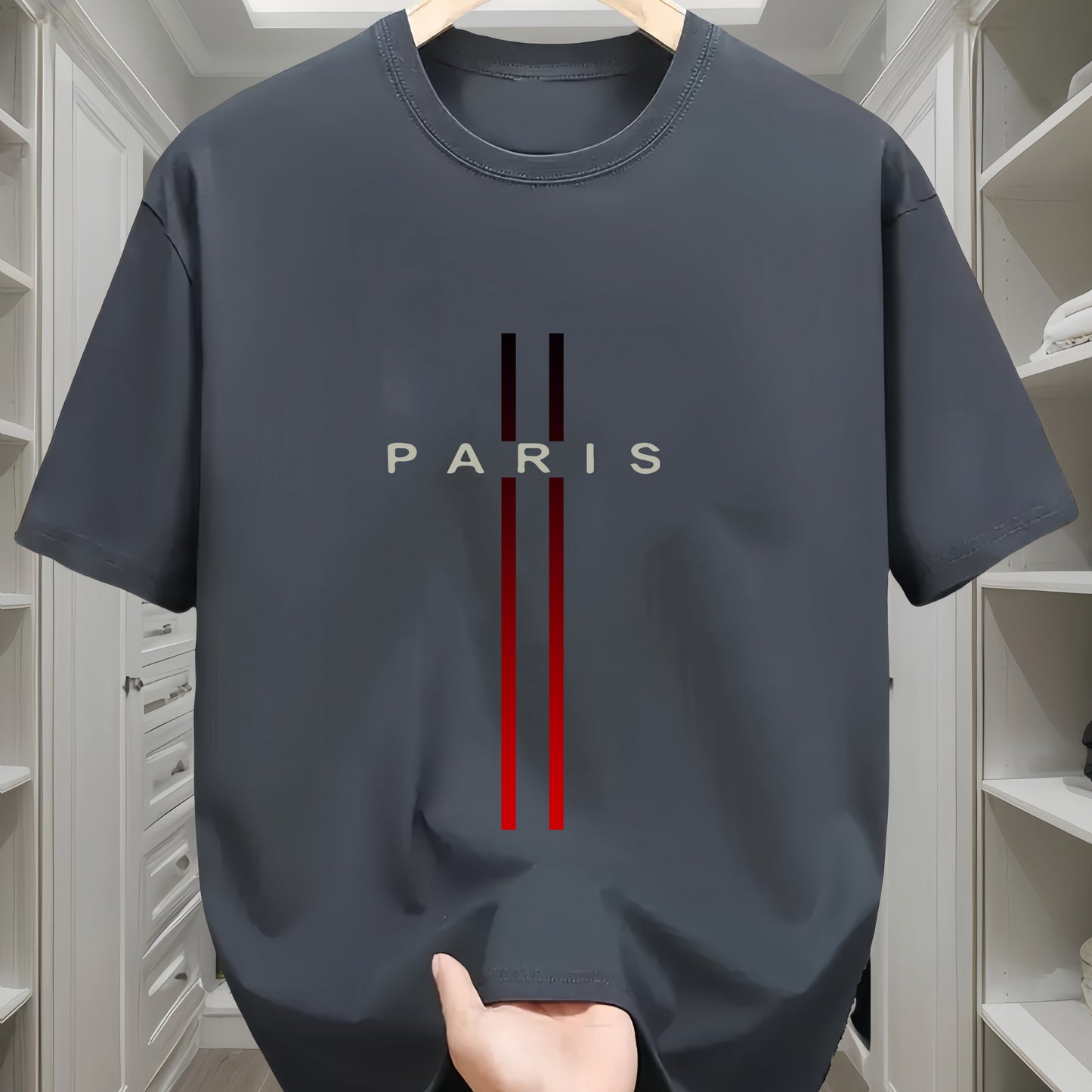 Men's 100% cotton T-shirt featuring Paris flag design, crew neck, short sleeves, and regular fit.