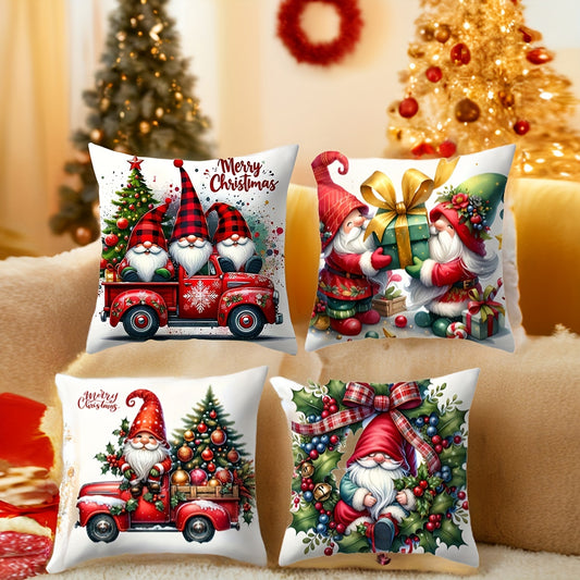 Gnome and Truck Christmas throw pillow cover in contemporary style, zippered polyester case for living room decor.