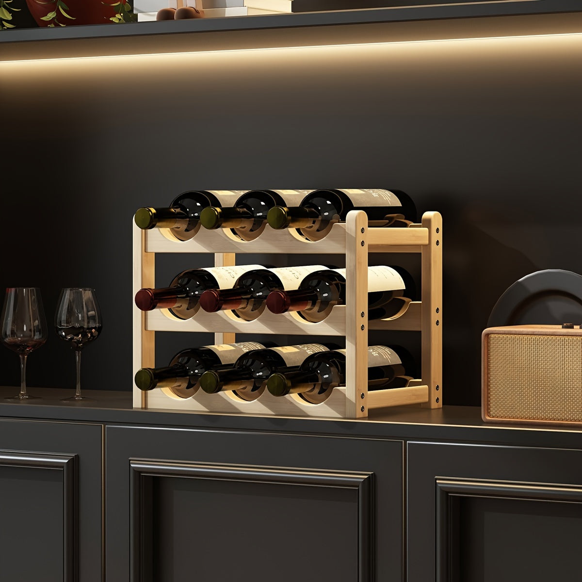 Tiered wine bottle holder with separate tiers, one can be placed (assembly required for 2/3/4 tier wine rack)