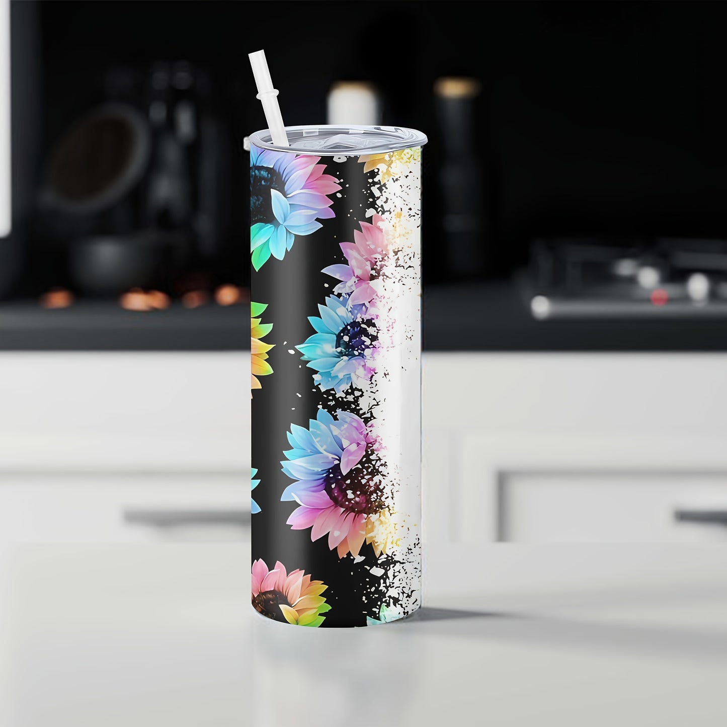 Customized sunflower stainless steel water bottle, 20oz with lid and straw, BPA-free, shatterproof, machine washable, perfect for outdoor travel and Valentine's Day gift.