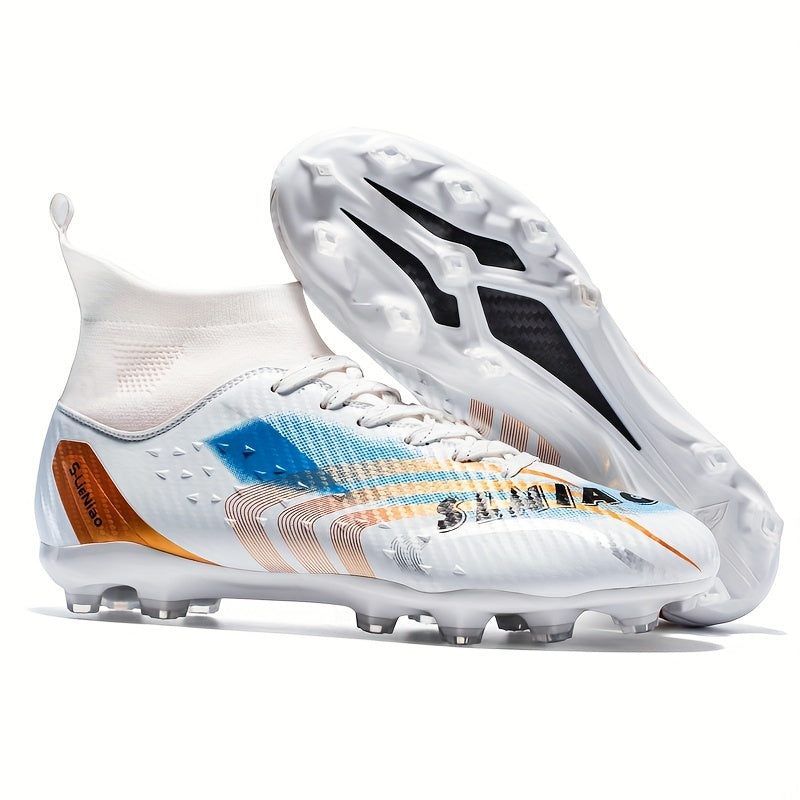 Kids' high-top soccer cleats featuring long studs, anti-slip design, breathable PU upper, TPU sole, and lace-up closure for all sports seasons.