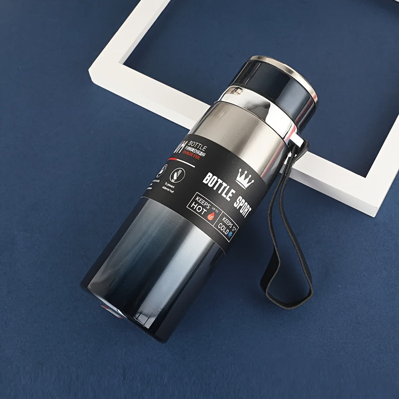 Stainless steel 1000ml vacuum insulated water bottle with portable strap, BPA-free, keeps hot/cold for sports and outdoor activities, hand wash only.