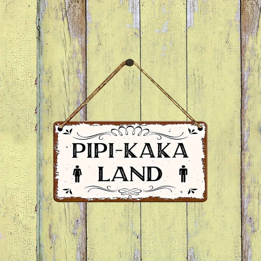 Vintage "Pipi-Kaka Land" bathroom sign: 8.5x19.5cm, rustic, waterproof, dustproof, with twine rope.