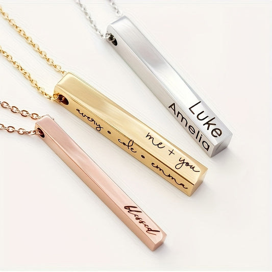 Customized Engraved Name Necklace - 3D Square Pendant available in Silvery, Golden, Rose Golden, and Black Stainless Steel. A sleek and stylish accessory perfect for women's daily wear or as a thoughtful gift. Personalized just for you, this necklace is