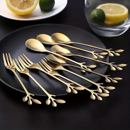 Set of 10 elegant kitchen utensils, including golden stainless steel cherry blossom spoons and forks. Perfect for dining and entertaining, this flatware set combines functionality with a touch of sophistication.