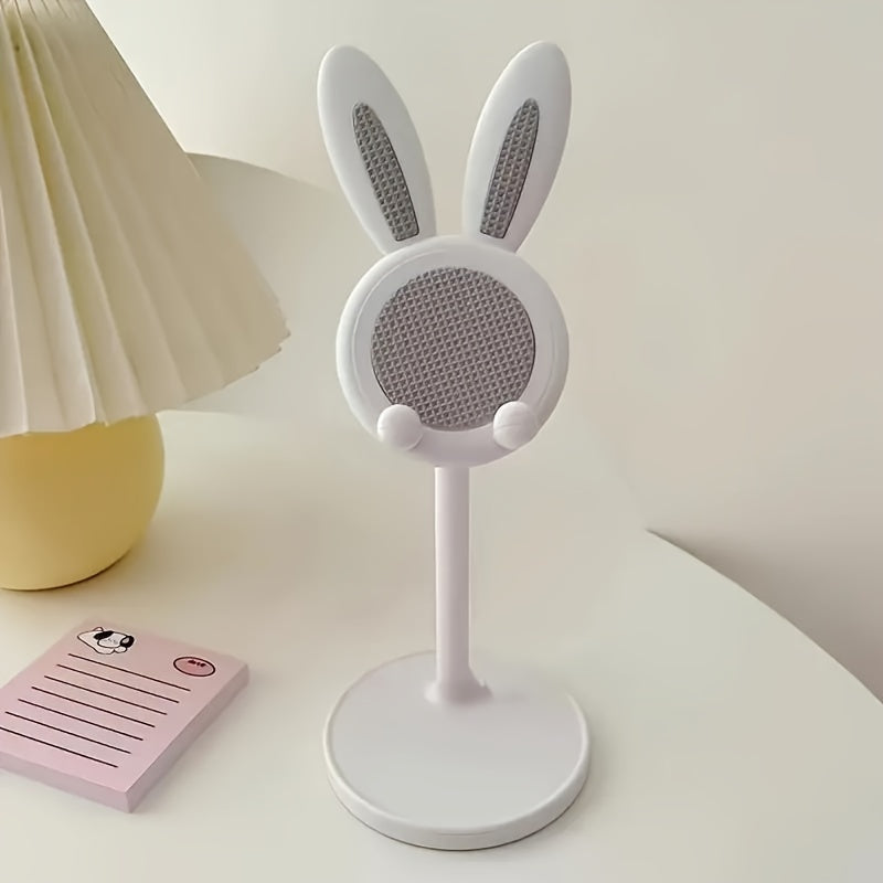 Rabbit phone holder stand with adjustable features, non-slip mat, and retractable design for selfies and live streaming.