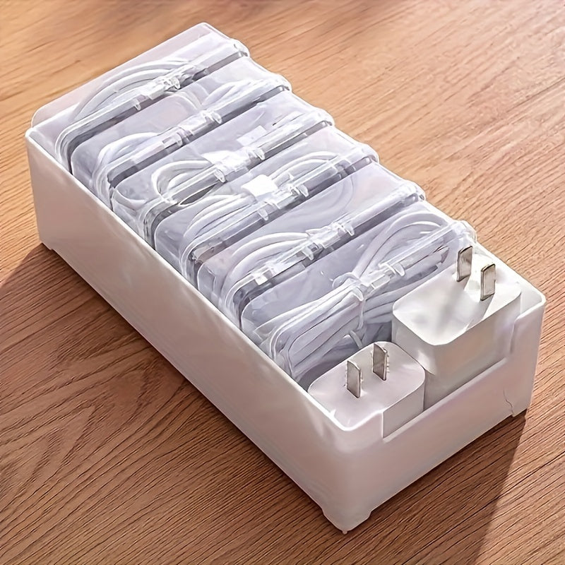 Get organized with 1 large white box and 7 small transparent boxes for cables and chargers.